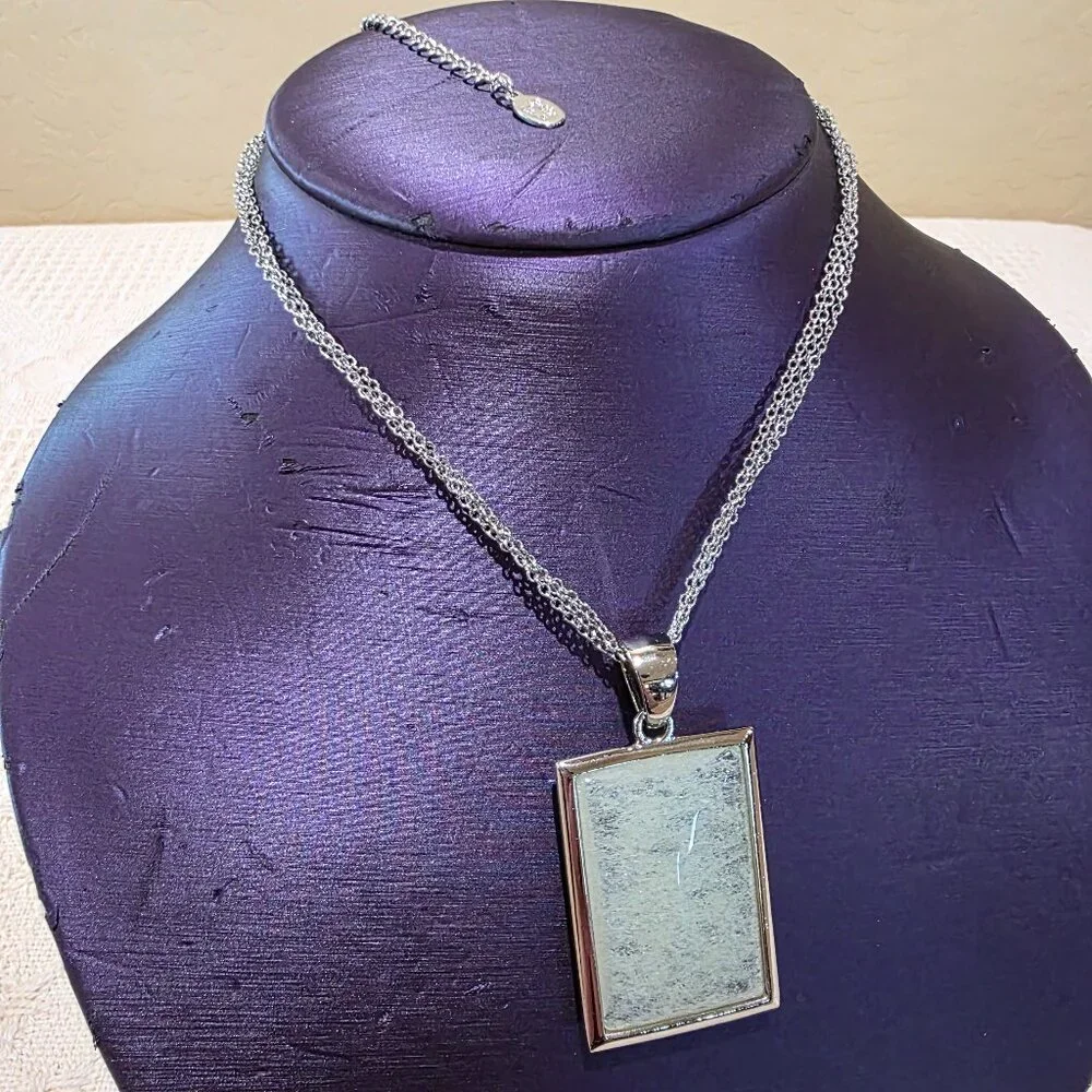 Vintage Transluscent Rectangle Silver Frame Triple Chain Necklace Near Mint